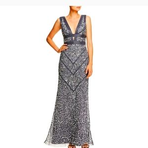 Aidan Mattox Gray Beaded Cut-Out Formal Evening Dress